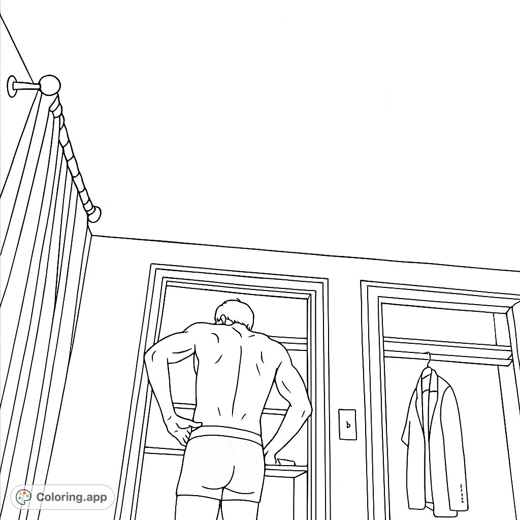 Explore a detailed indoor scene featuring a person standing in a doorway, looking into a closet, with room elements like curtains and another open closet.