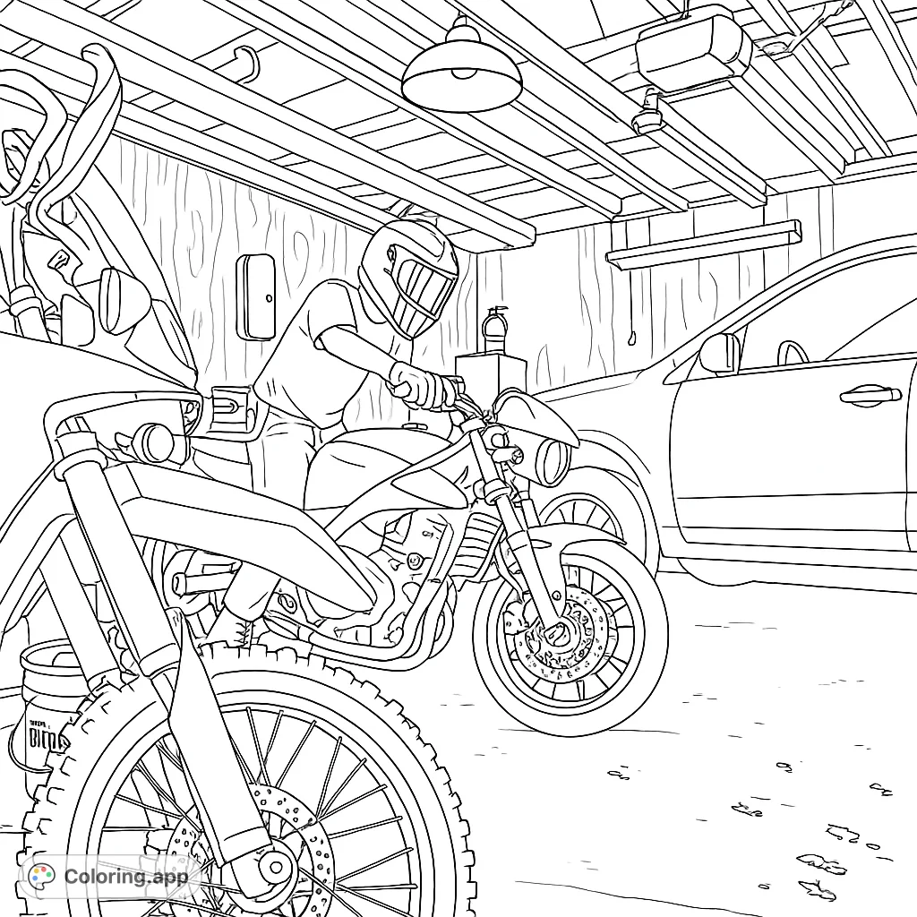 Explore a detailed garage scene featuring a person on a motorcycle, surrounded by tools and vehicles. Perfect for enthusiasts and those who love mechanical themes.