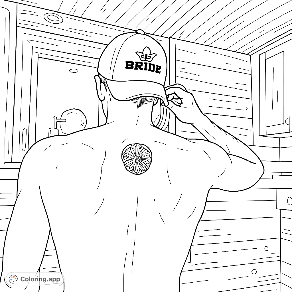 A shirtless figure from behind, wearing a 'BRIDE' cap, revealing a detailed circular tattoo on the upper back, set in a rustic wooden room.