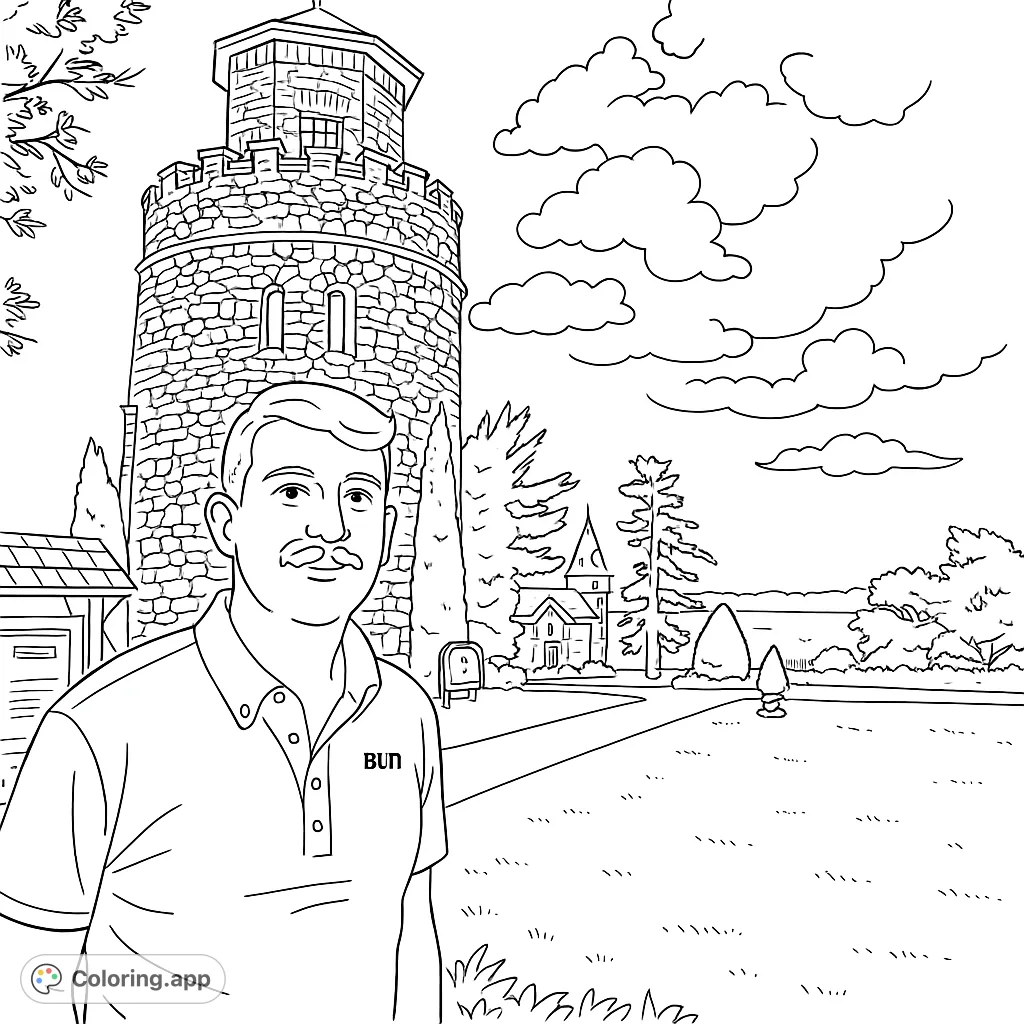 Explore a grand stone tower, lush gardens, and a serene waterside view, featuring a man in the foreground. A detailed architectural and landscape coloring page.