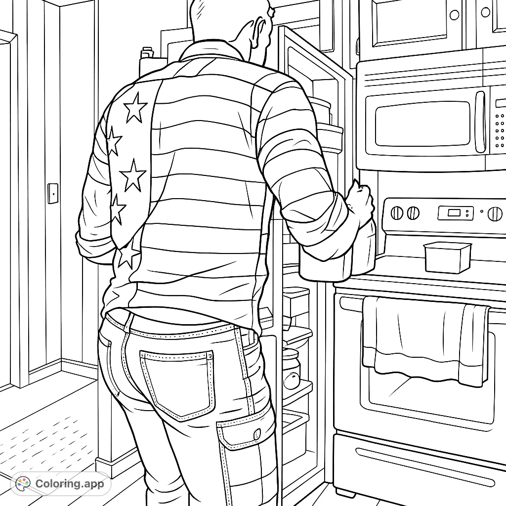 Color a detailed kitchen scene featuring a person in a unique star and stripe patterned shirt reaching into a fridge. Perfect for all ages!
