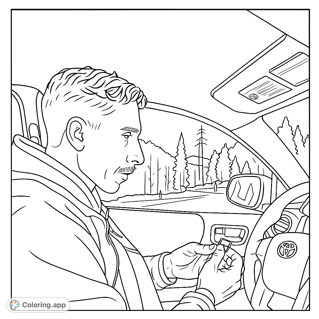 Capture a moment of quiet focus with this man in car coloring page. Features a detailed interior and a snowy outdoor view, perfect for realistic coloring.
