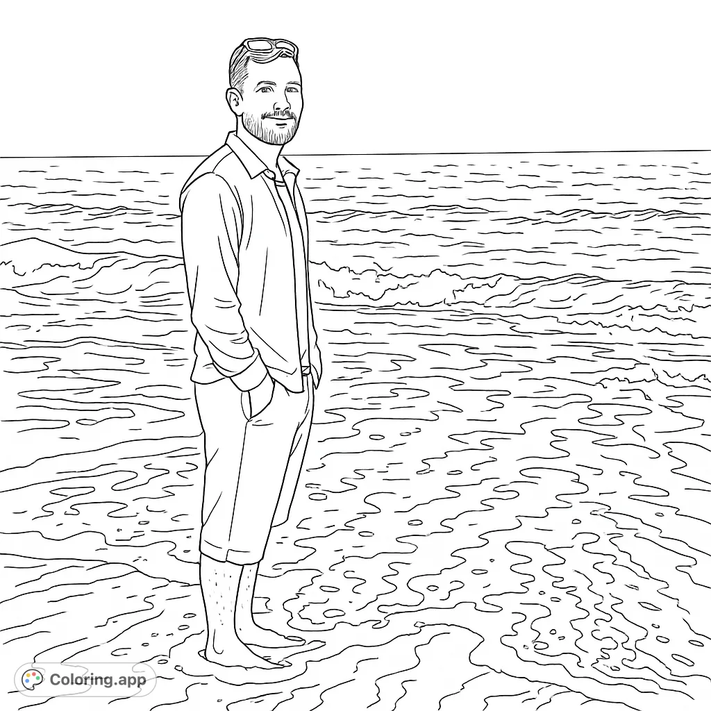 A relaxed man stands in the gentle ocean waves on a sandy beach under a vast sky. Perfect for a serene coastal escape coloring page.