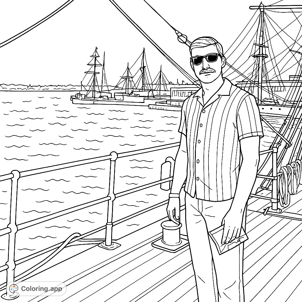 A man stands on a ship's deck, overlooking a harbor filled with historic vessels and a distant city. Perfect for maritime history enthusiasts.