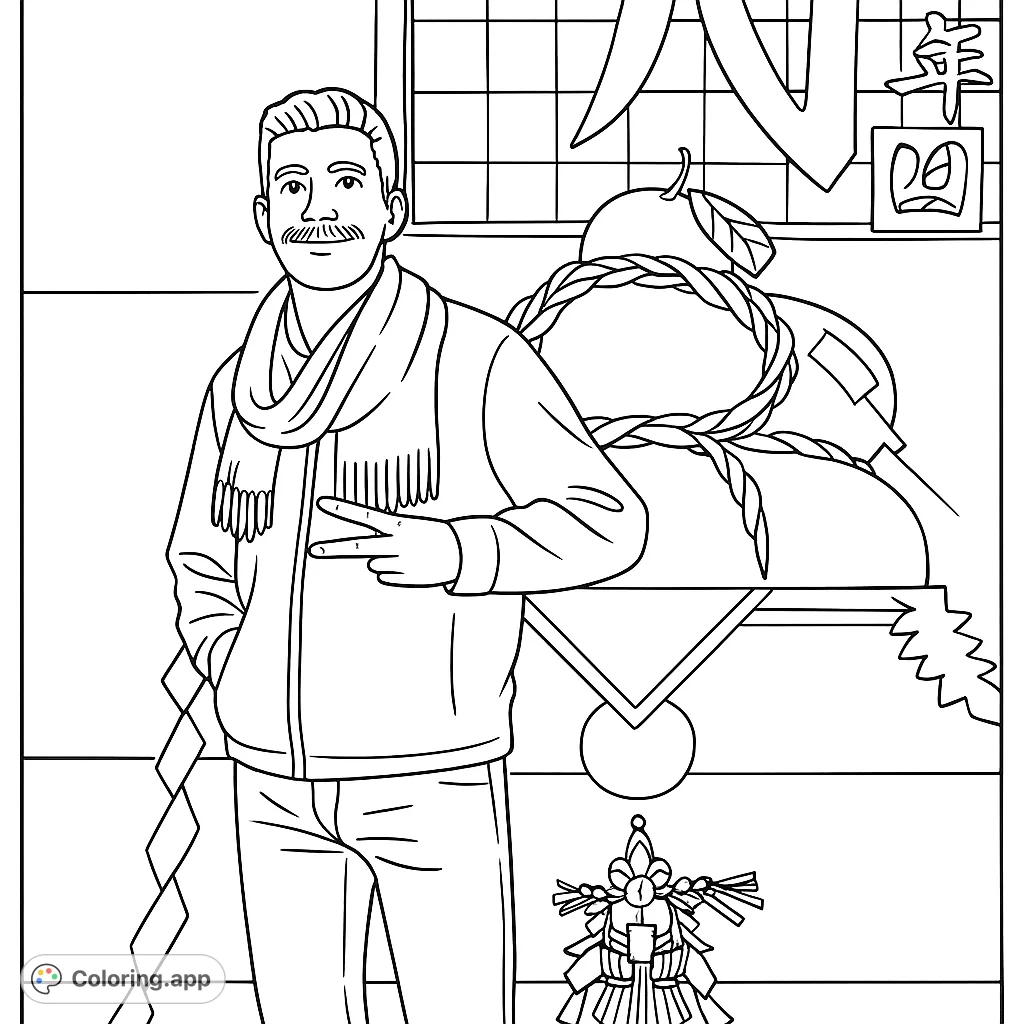 A smiling person stands before traditional Japanese decorations, including stacked rice cakes and intricate straw art, offering a unique cultural coloring experience.