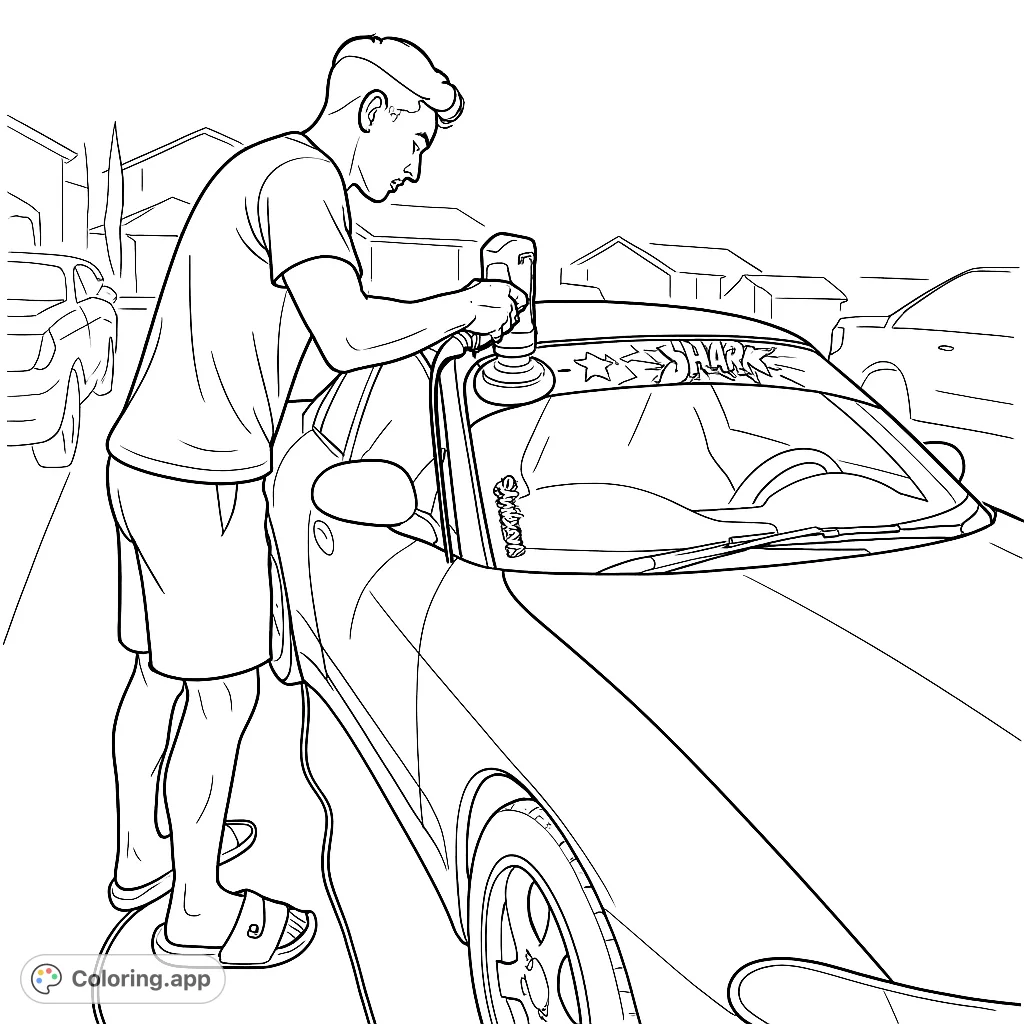 A person customizes a car at night, adding a unique banner to the windshield. Perfect for car enthusiasts and detail-oriented colorists.