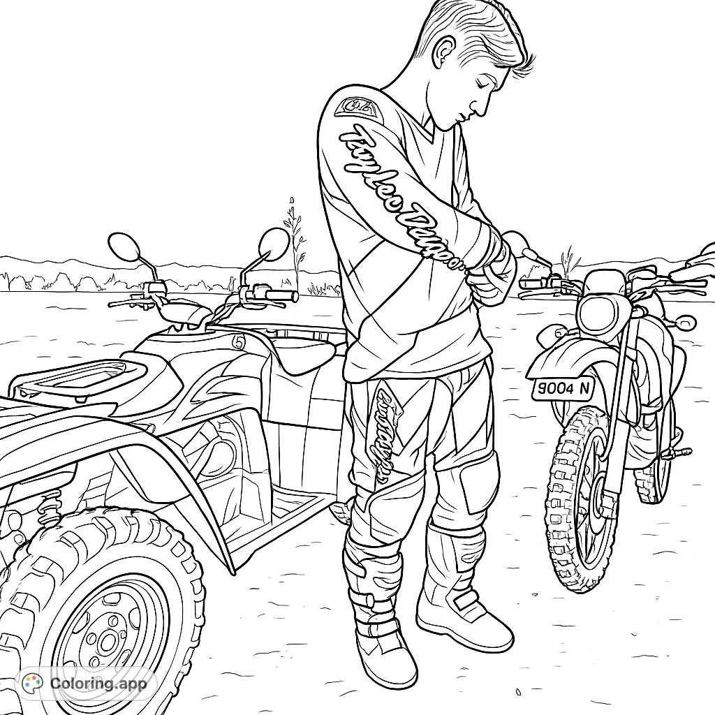 An exciting off-road adventure scene featuring a motocross rider in full gear, an ATV, and a dirt bike, set against a rugged desert landscape.