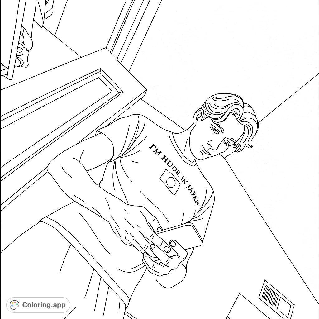 Capture a modern moment with this person holding a smartphone. A unique shirt design and detailed background elements offer a fun coloring challenge for all ages.