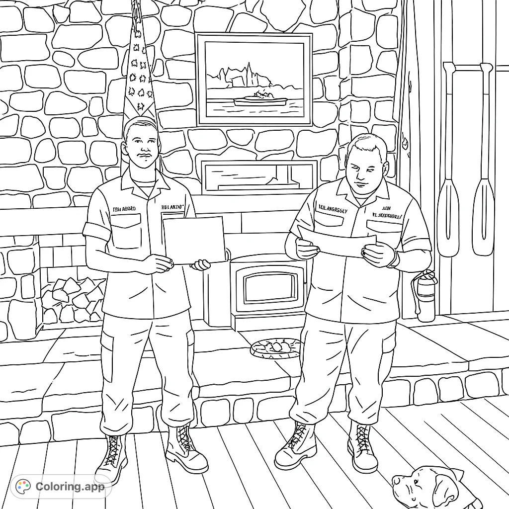 A heartwarming service recognition scene featuring two uniformed individuals, a certificate, and a curious dog, set against a rustic stone fireplace.