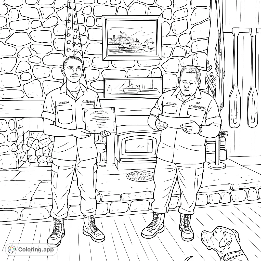 A heartwarming service recognition scene featuring two uniformed individuals, a certificate, and a curious dog, set against a rustic stone fireplace.