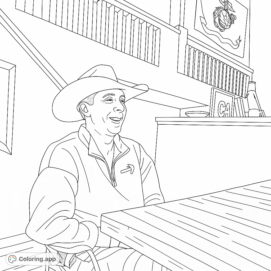 A smiling man in a classic cowboy hat, seated at a table, with a detailed indoor background featuring a staircase and flag. Perfect for casual coloring.