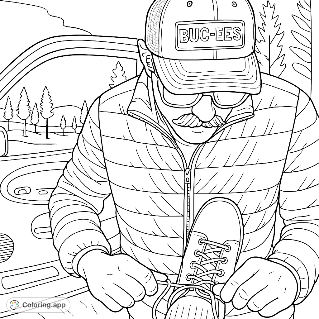 A detailed coloring page of a person tying a hiking boot, featuring a puffy jacket, cap, and outdoor setting. Perfect for nature and adventure enthusiasts.