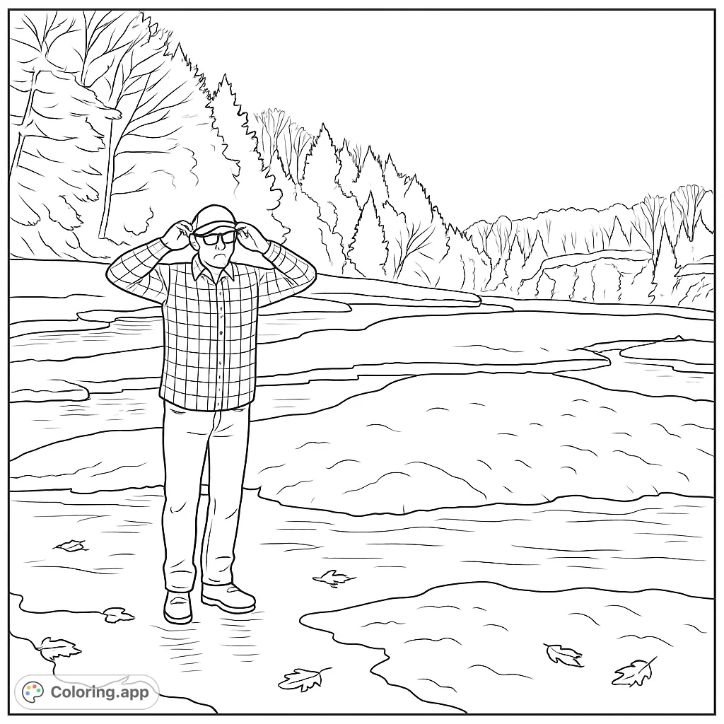 Explore a serene winter landscape coloring page featuring a person amidst snow and water, framed by distant trees. A peaceful scene for creative expression.