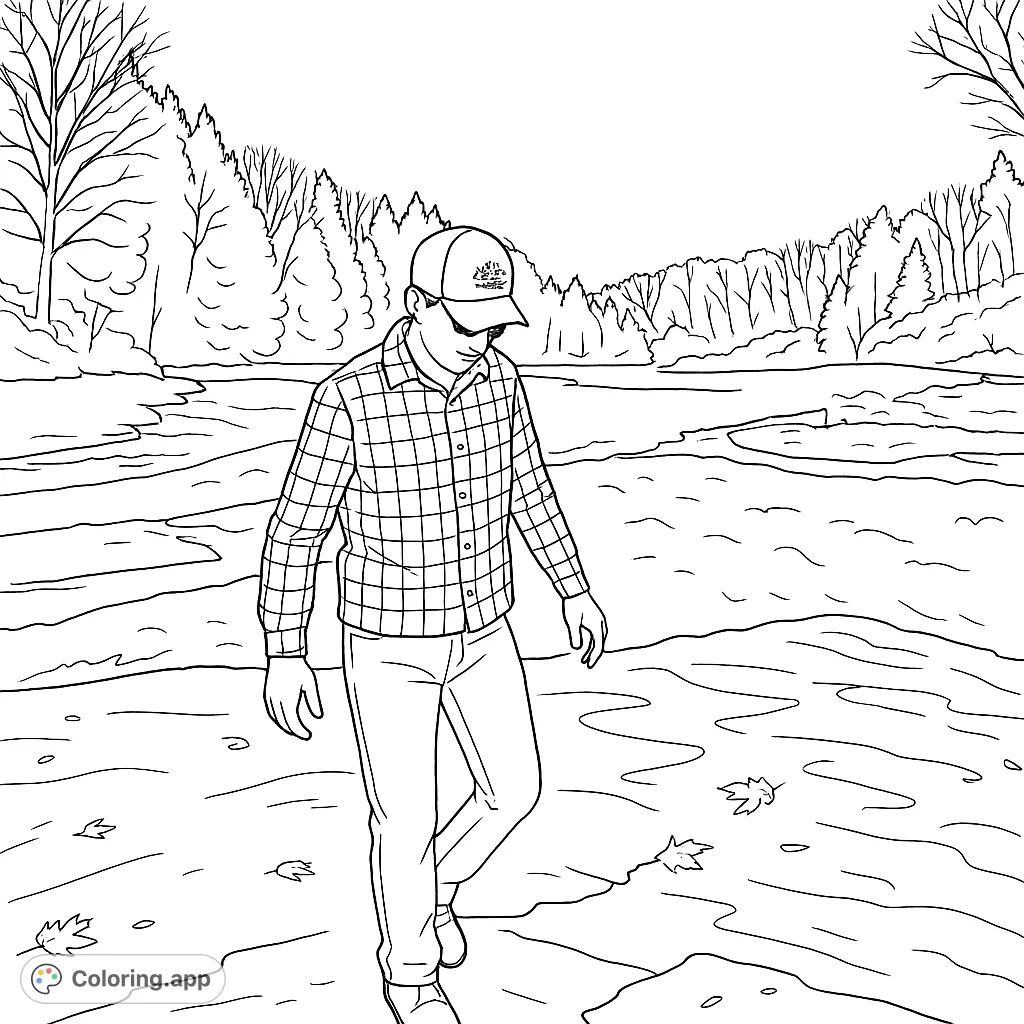 Explore a serene winter landscape with a person walking by a snow-dusted river. Perfect for a peaceful coloring experience.