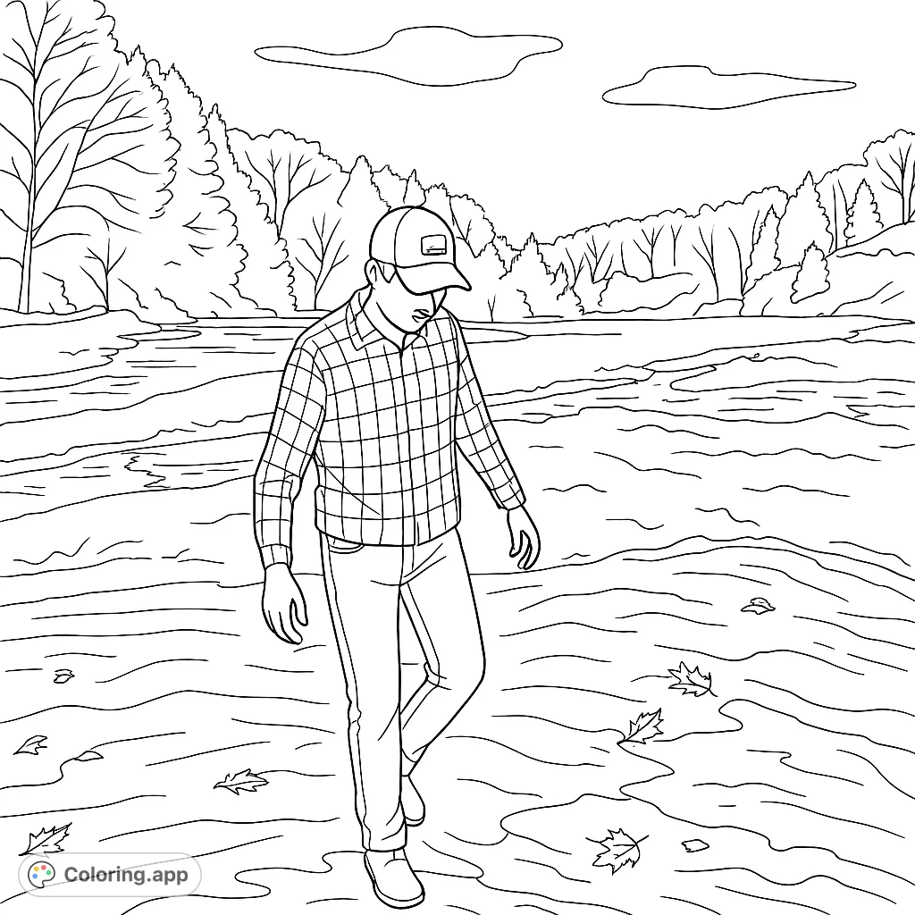 Explore a serene winter landscape with a person walking by a snow-dusted river. Perfect for a peaceful coloring experience.