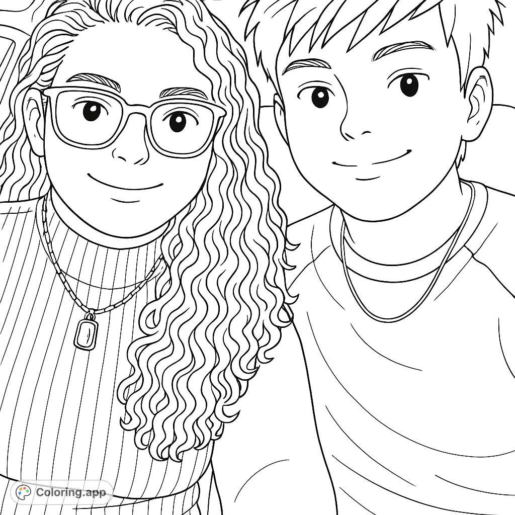 Color this charming portrait of two smiling individuals with distinct hairstyles and accessories, set against a subtle background. Perfect for personalizing!