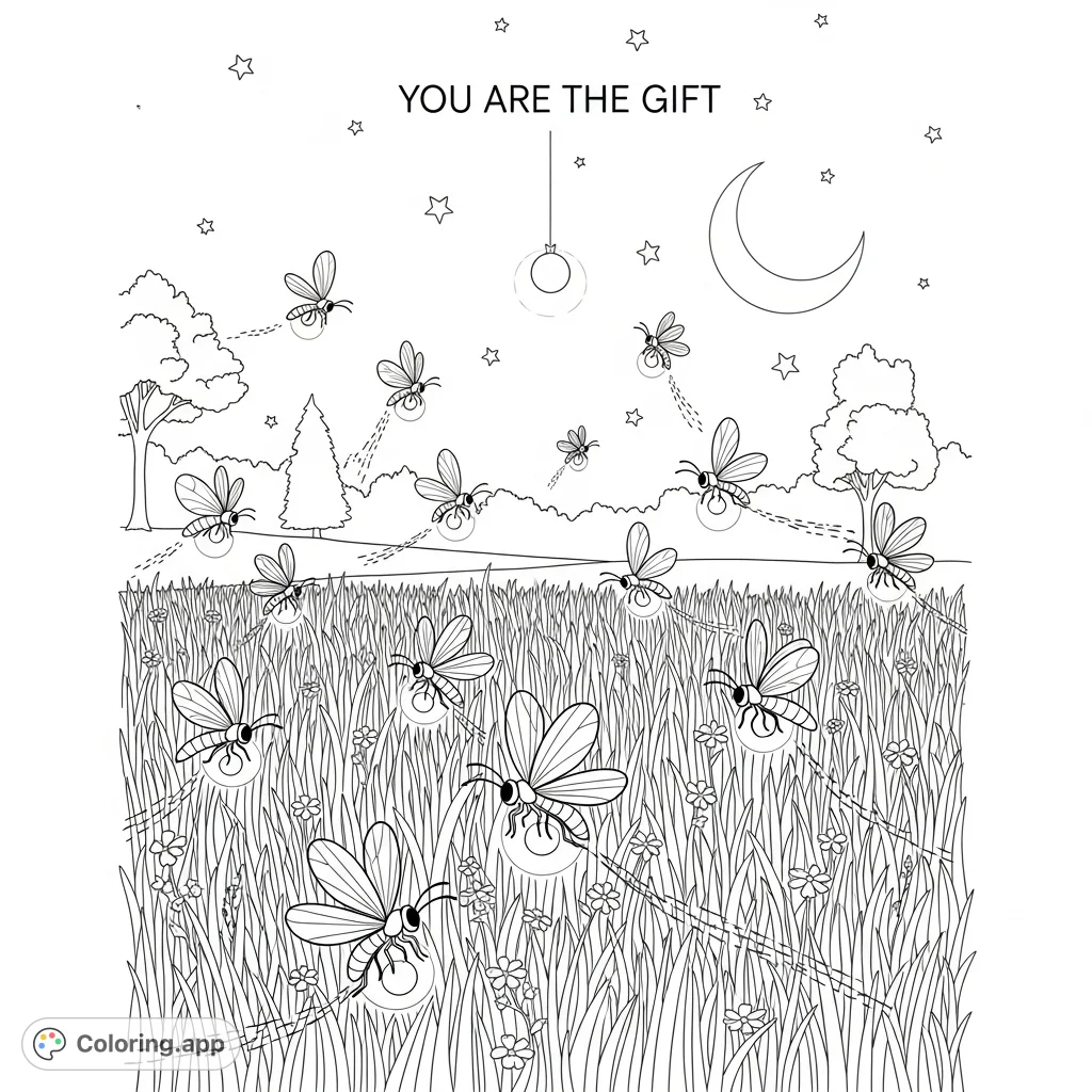 A magical scene of fireflies dancing over a lush lawn under a starry sky, with the uplifting affirmation 'You are the Gift' elegantly displayed.