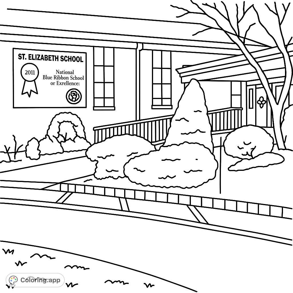 Explore a detailed school building coloring page, featuring brick textures, windows, and diverse landscaping. A free printable coloring page for all ages.