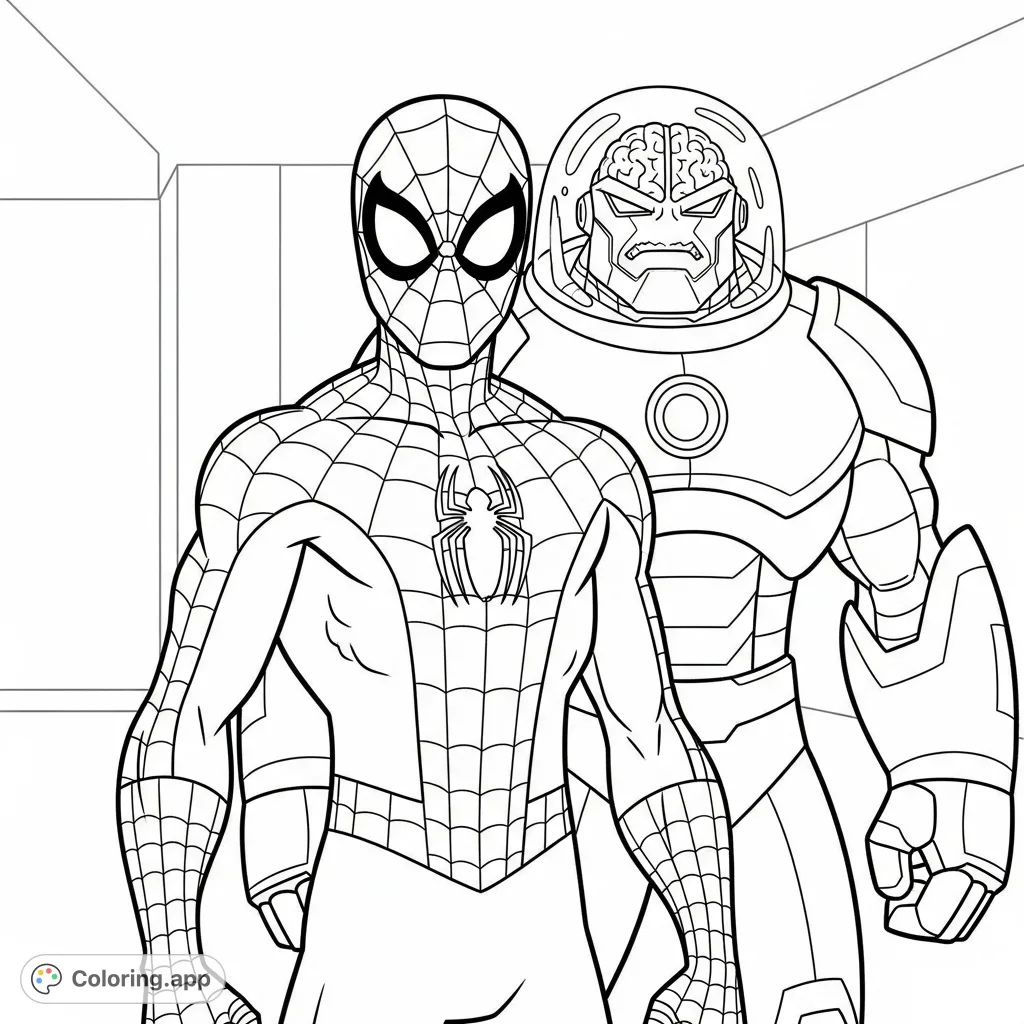 Join Spidey and Zola in a fun, cartoony coloring adventure! This free printable features the iconic hero and villain, perfect for all ages.