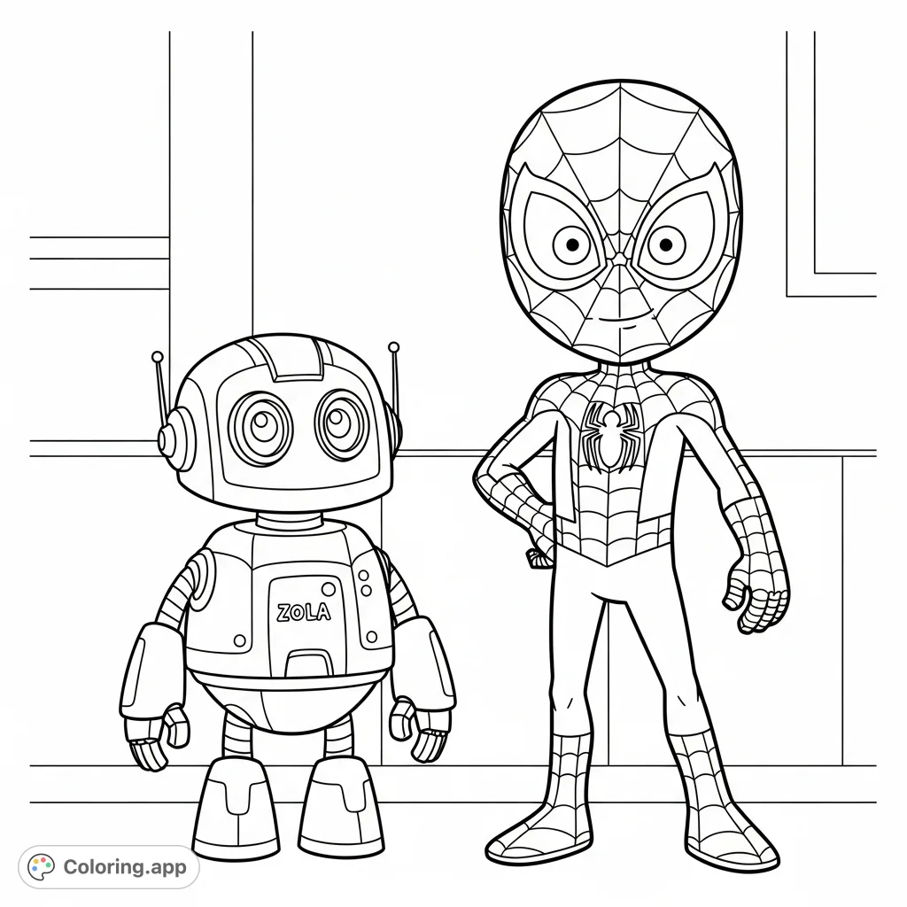 A cheerful cartoon spider-superhero boy and his friendly robot pal Zola stand side-by-side, ready for adventure! A fun, free printable coloring page for kids.