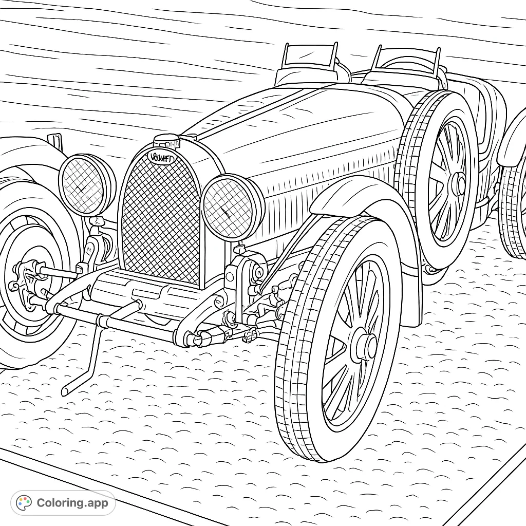 Immerse yourself in automotive history with this detailed vintage race car coloring page, featuring intricate mechanical elements and classic design.