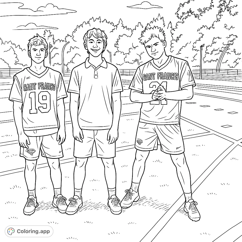 Capture the spirit of teamwork with this sports team coloring page. Three young men stand on a field, ready for action.