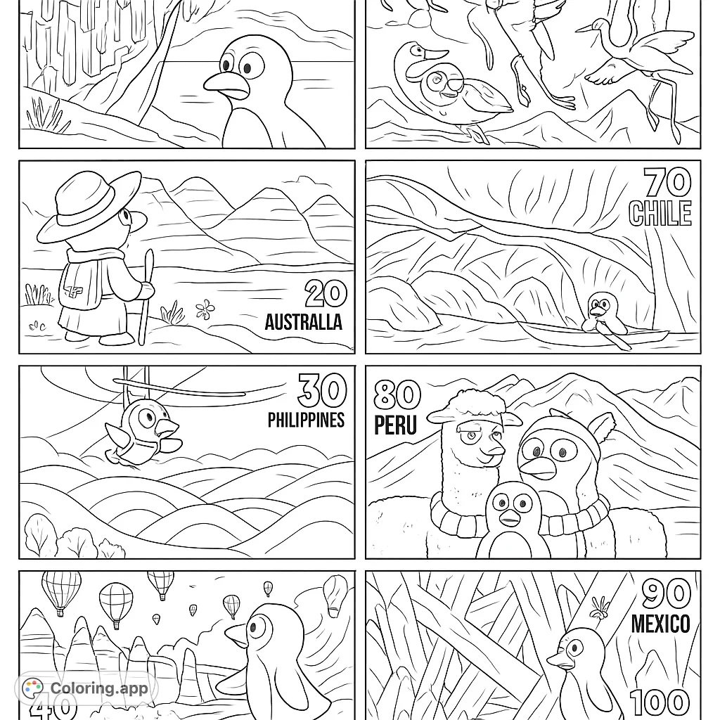 Explore the world with a delightful penguin! This unique coloring page features ten stamp-like scenes from diverse global locations, perfect for adventure.