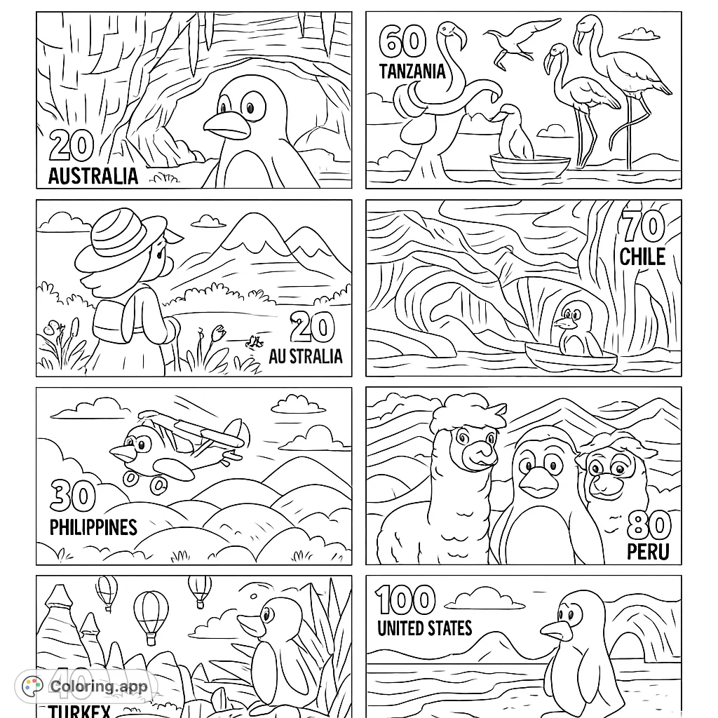 A charming coloring page featuring a friendly penguin and two llamas in patterned ponchos, set against a backdrop of rolling hills. Perfect for all ages!