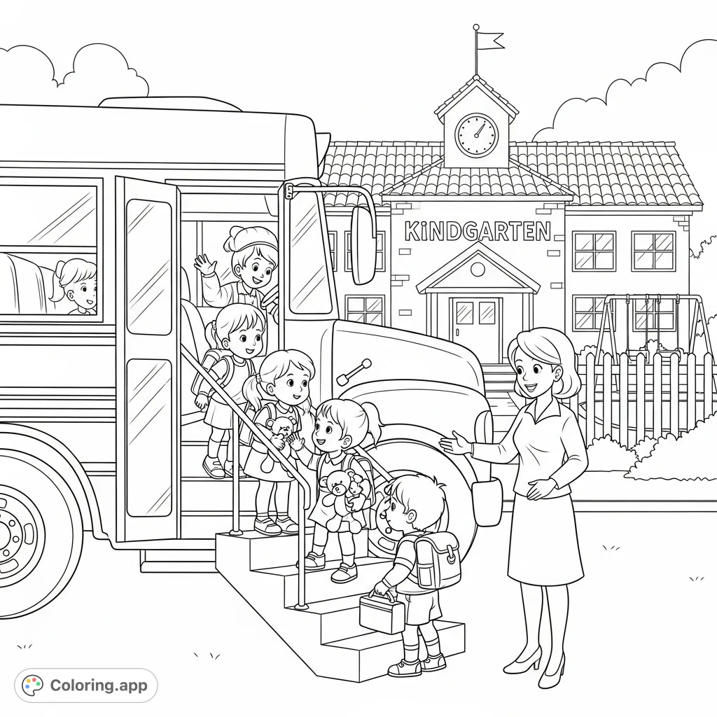 A heartwarming scene of children arriving at kindergarten, stepping off a school bus to a welcoming teacher and a charming school building. Perfect for young artists.