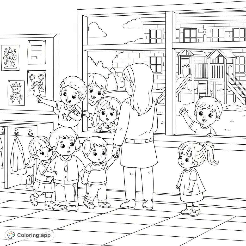 Explore a lively kindergarten scene with diverse children, a welcoming classroom entrance, and a peek at a playground. Perfect for young learners!
