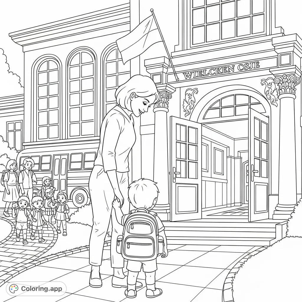 Capture the heartwarming scene of a child's first day at kindergarten, clutching a backpack and holding a parent's hand at a grand school entrance.