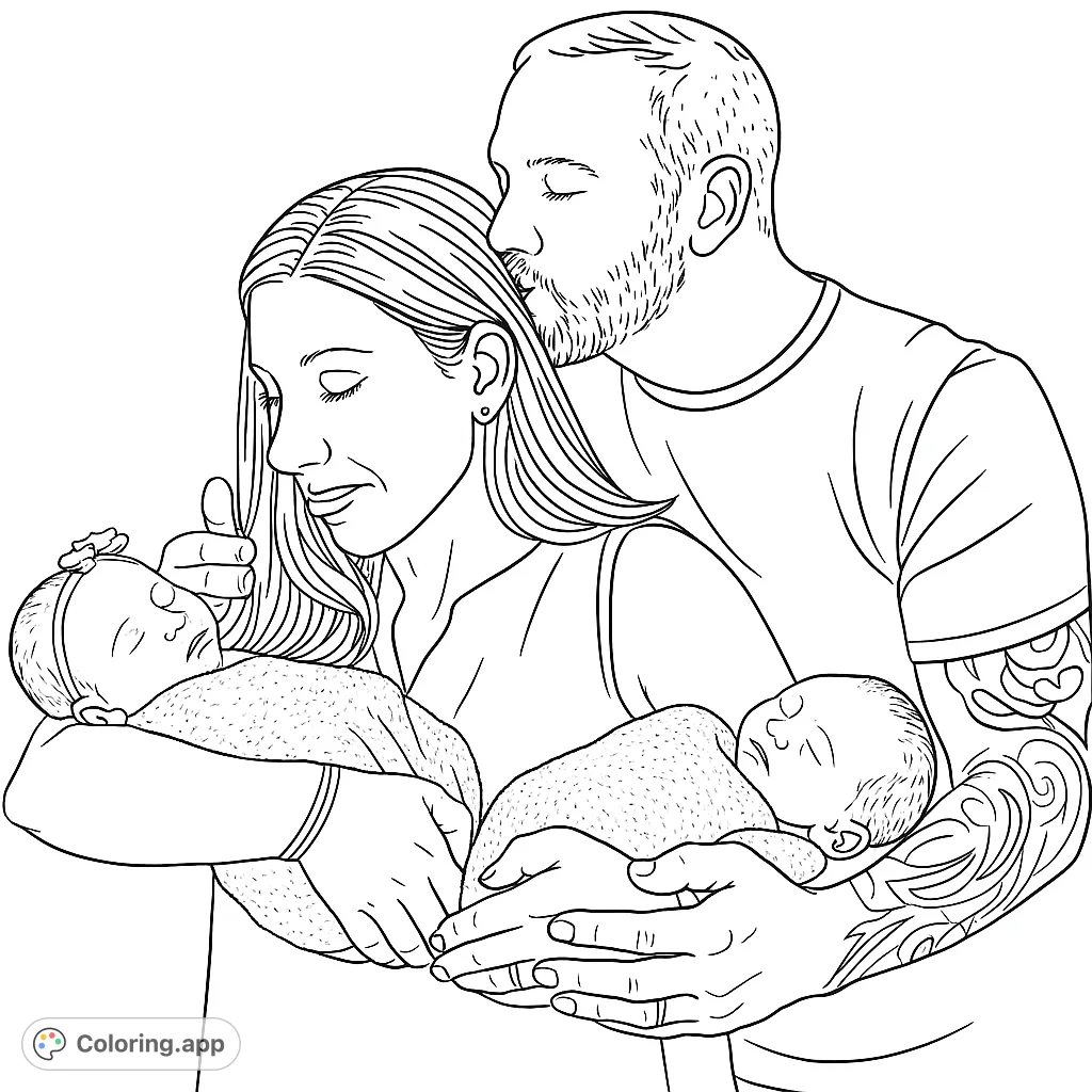 A heartwarming family portrait featuring new parents tenderly holding their two sleeping newborn babies. Celebrate the joy of new life with this touching scene.