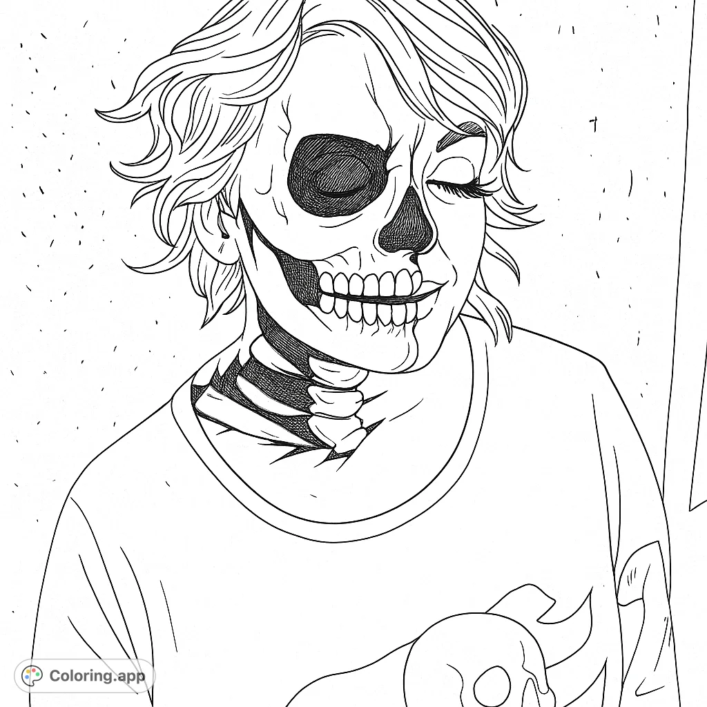 Explore a unique half-skull, half-human face design with intricate skeletal details. A captivating Halloween or fantasy coloring page for creative expression.