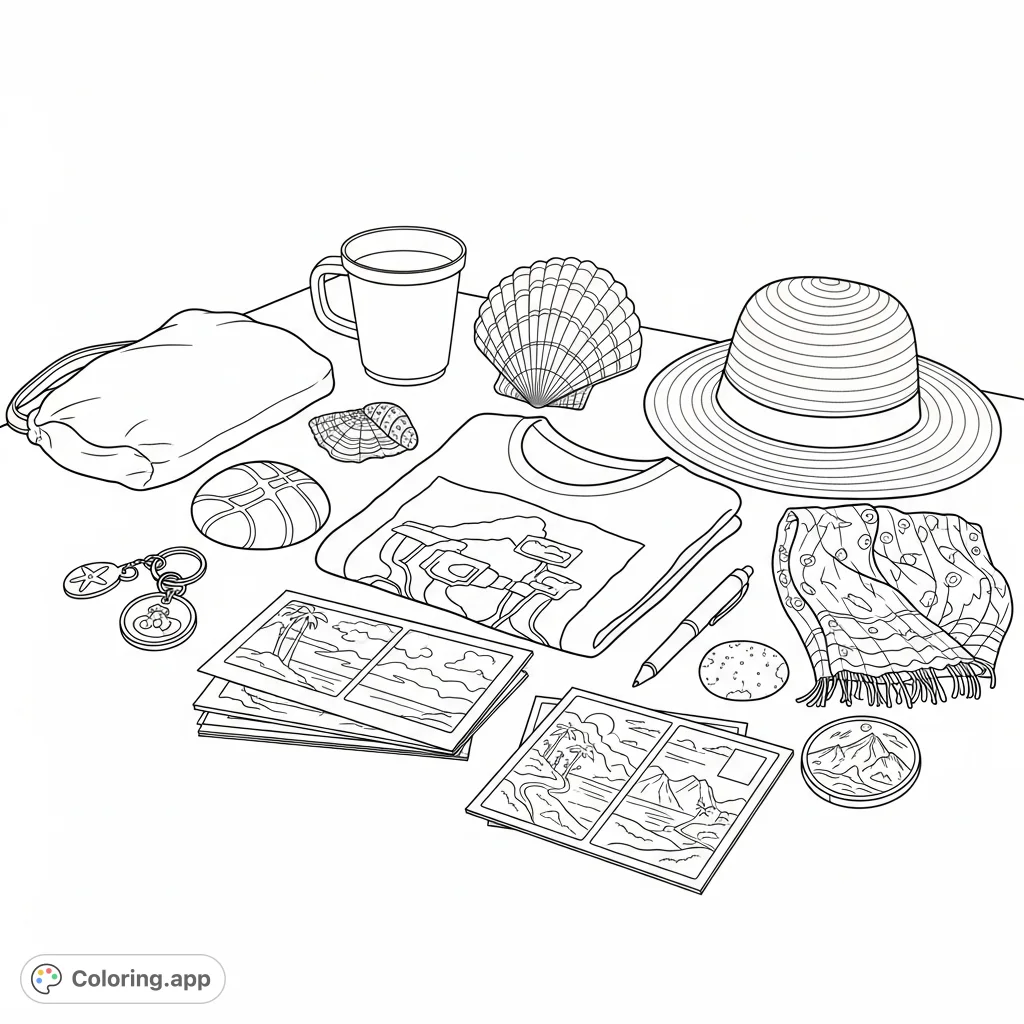 Explore a delightful collection of summer souvenirs, including a T-shirt, hat, seashell, postcards, and more. Perfect for a relaxing coloring escape!