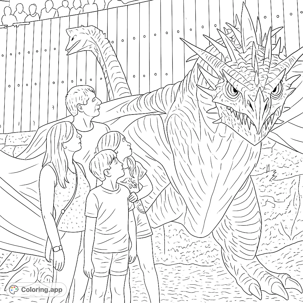 Experience a thrilling dragon encounter! A family marvels at a majestic, spiky dragon in a detailed scene, perfect for fantasy fans and adventurous colorists.