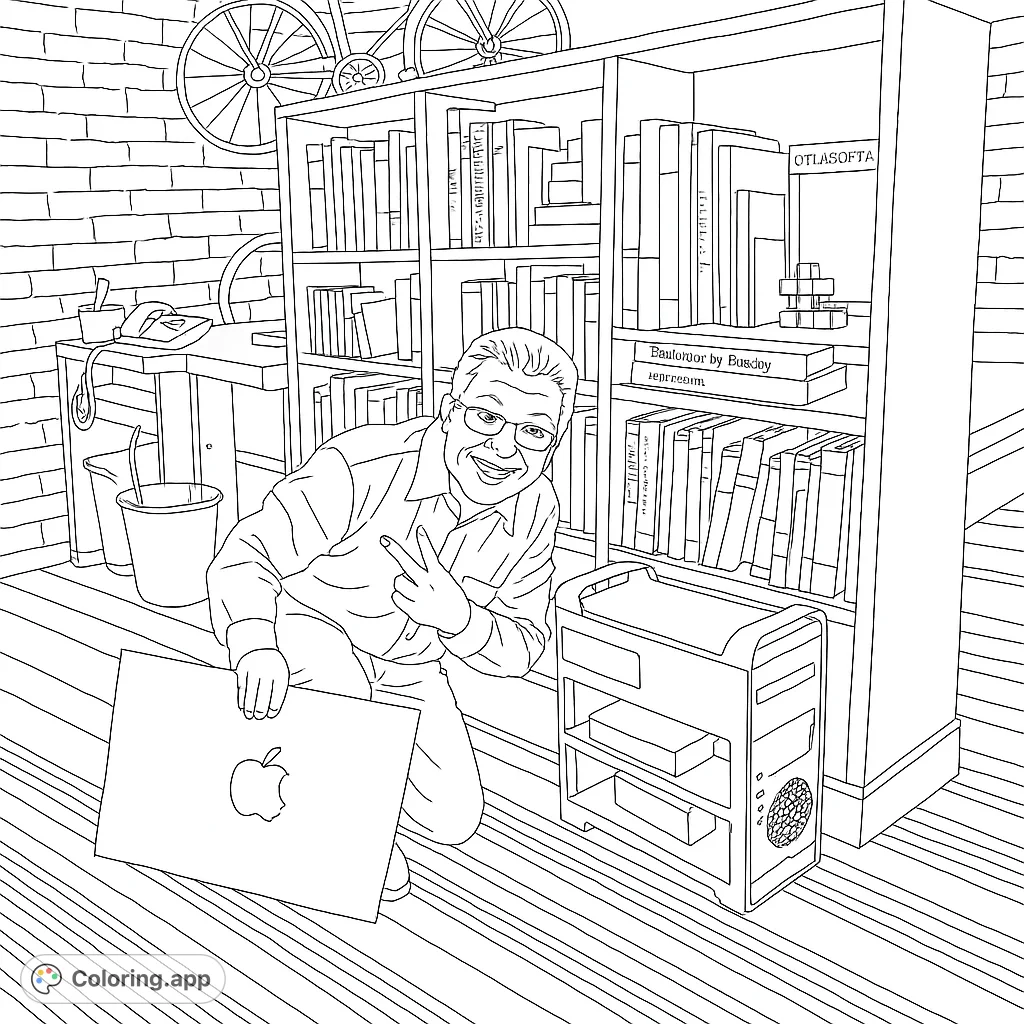 A cheerful man kneels with a large tech device and a computer tower, surrounded by a detailed bookshelf and office setting, perfect for tech enthusiasts.