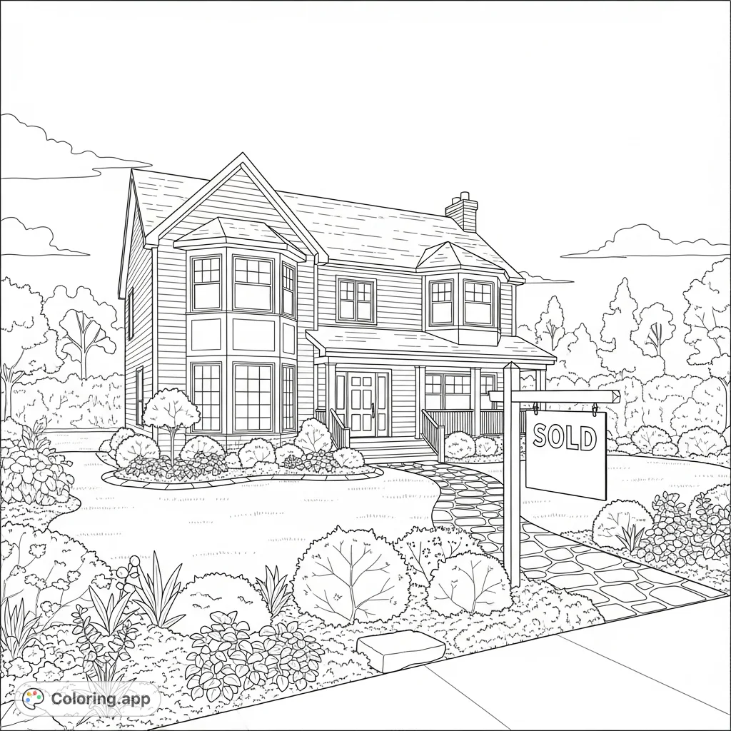 A beautiful two-story home with a welcoming porch, bay windows, and a meticulously landscaped yard featuring a "Sold" sign. Perfect for home enthusiasts!