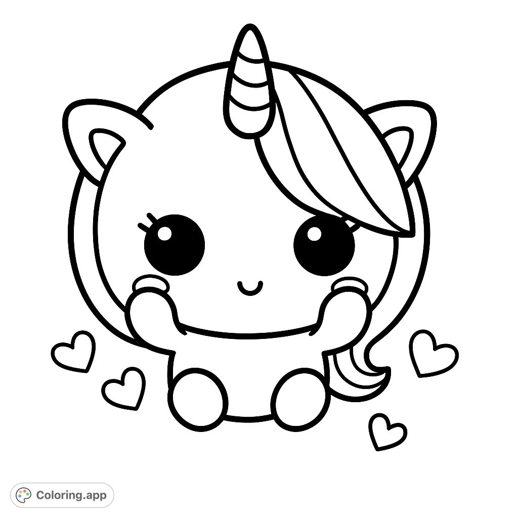 An adorable, chibi-style unicorn with a swirly horn and playful hearts, perfect for a magical coloring adventure.