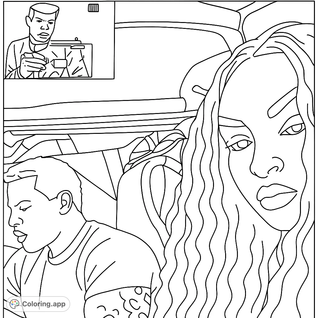 Capture a moment of two individuals enjoying a casual car ride. This coloring page features detailed figures and vehicle elements, perfect for creative expression.