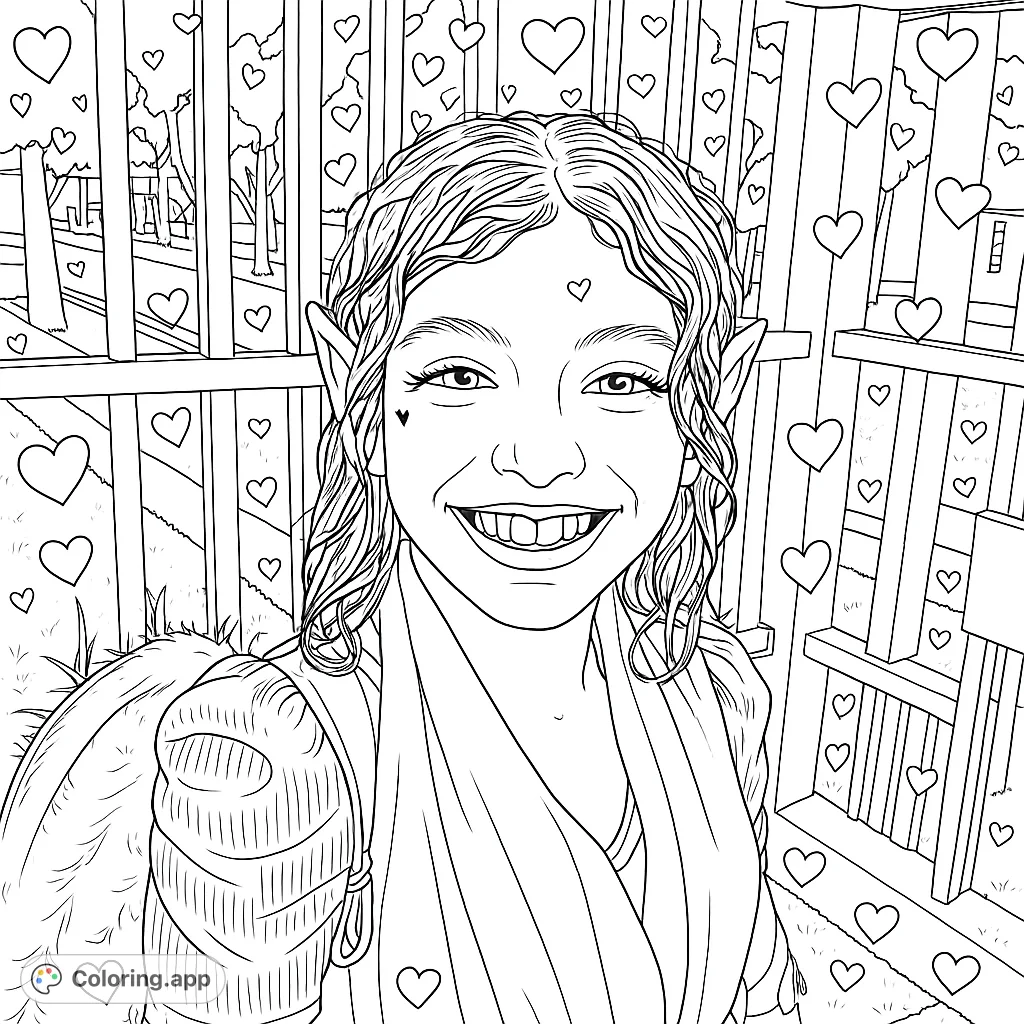 A delightful whimsical elf portrait featuring a smiling character with pointed ears and delicate wings, adorned with charming heart patterns. A magical fantasy coloring page.