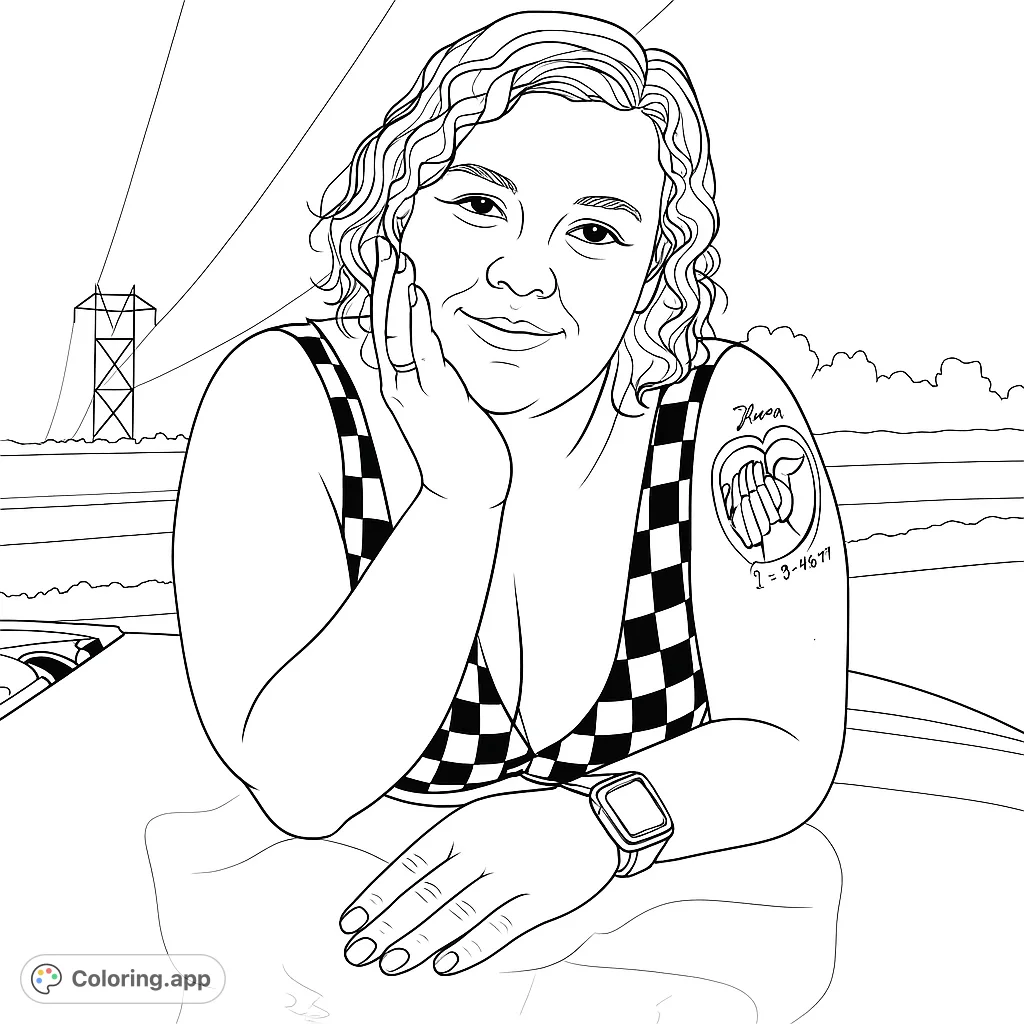 Capture a cheerful woman with curly hair, leaning on a car, featuring a checkered top and a detailed tattoo. A fun, expressive portrait for coloring.