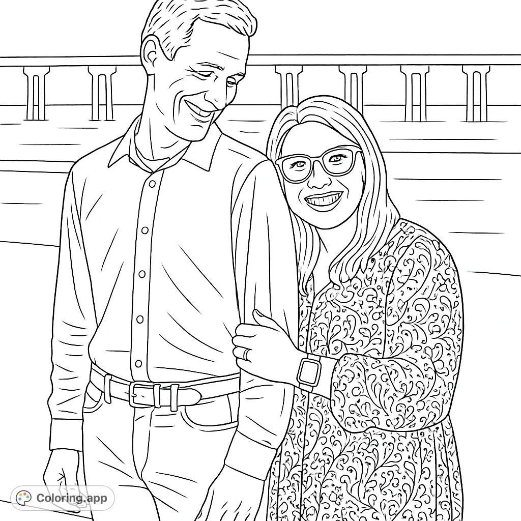 A heartwarming coloring page featuring a smiling couple in a gentle embrace, perfect for celebrating love and connection and intricate pattern coloring.