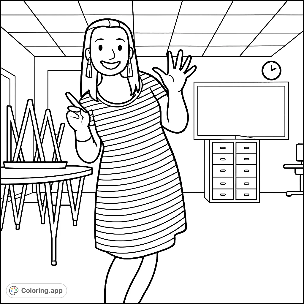 A friendly teacher stands in a classroom, ready to greet students. Features a cartoony style with bold outlines and minimal details, perfect for young learners.
