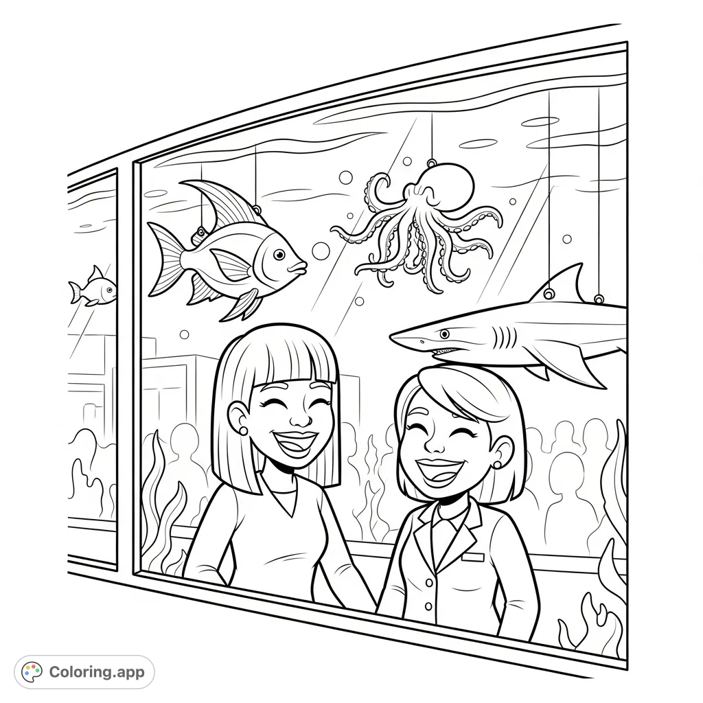 Two friends share a joyful moment at the aquarium, captivated by marine life through a grand window. A delightful scene for all ages, perfect for an aquarium coloring page.