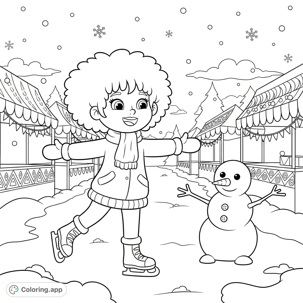 A cheerful girl with super curly hair enjoys winter festival activities like ice skating, surrounded by a friendly snowman and festive market stalls under falling snowflakes.