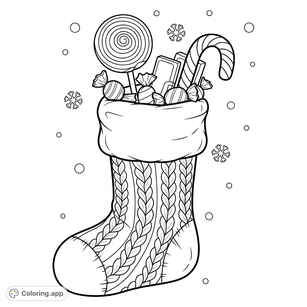 A delightful Christmas stocking overflowing with an assortment of festive candies, perfect for holiday cheer and creative coloring.