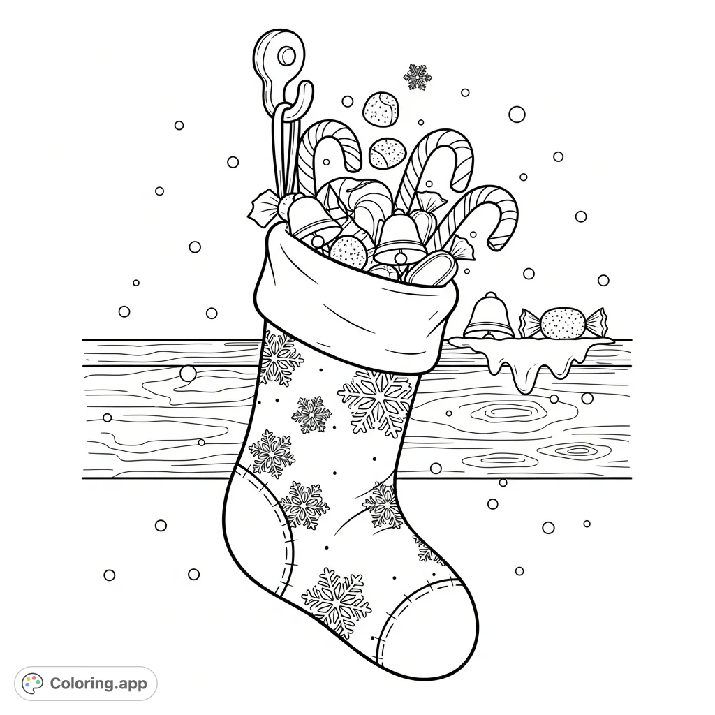 A charming Christmas stocking, embellished with snowflakes, overflows with classic candies like candy canes and chocolate bells, resting on a rustic mantelpiece. A delightful holiday scene.