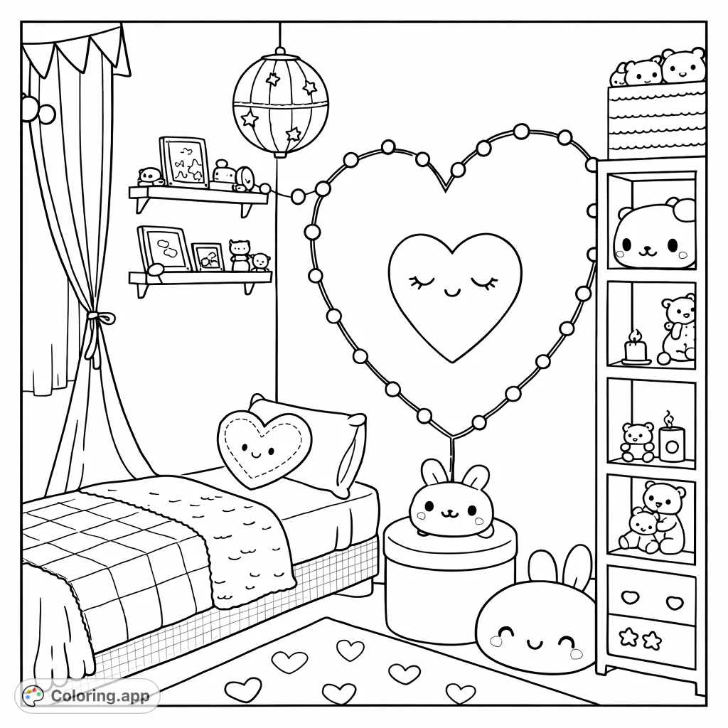 Step into a whimsical bedroom scene with a heart wall decor, cozy bed, and playful stuffed animals. A charming setting perfect for young colorists.