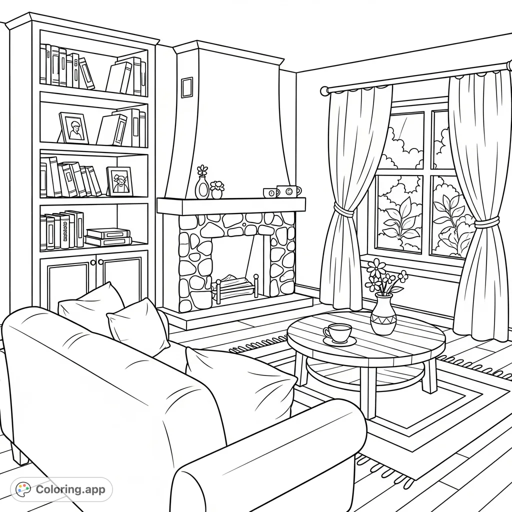 Immerse yourself in a detailed cozy living room coloring page, featuring a plush sofa, stone fireplace, and a bookshelf filled with treasures. Perfect for relaxation.