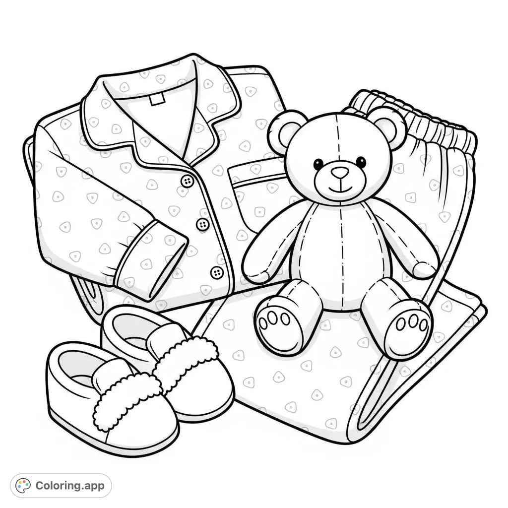 A cozy coloring page featuring a folded pajama set, fluffy house shoes, and a cuddly teddy bear, perfect for relaxation and creative expression.
